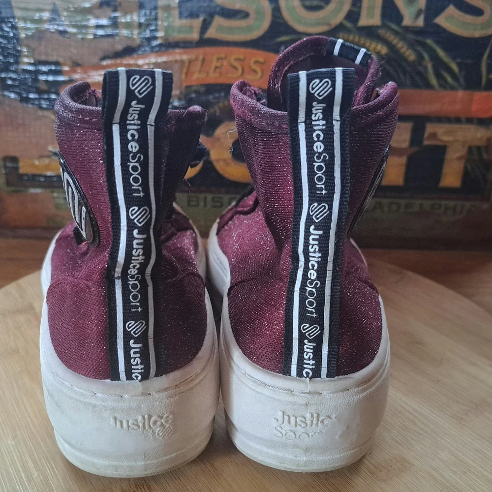 Justice Kids High Top Sneakers Size 4 Burgundy Glitter Lug Sole Casual Shoes